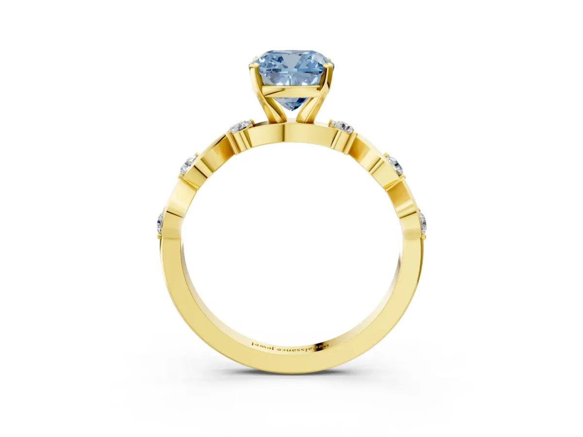 Fancy Blue Cushion Cut Diamond Solitaire Twisted Band with Round Accents and Prong Setting Yellow gold