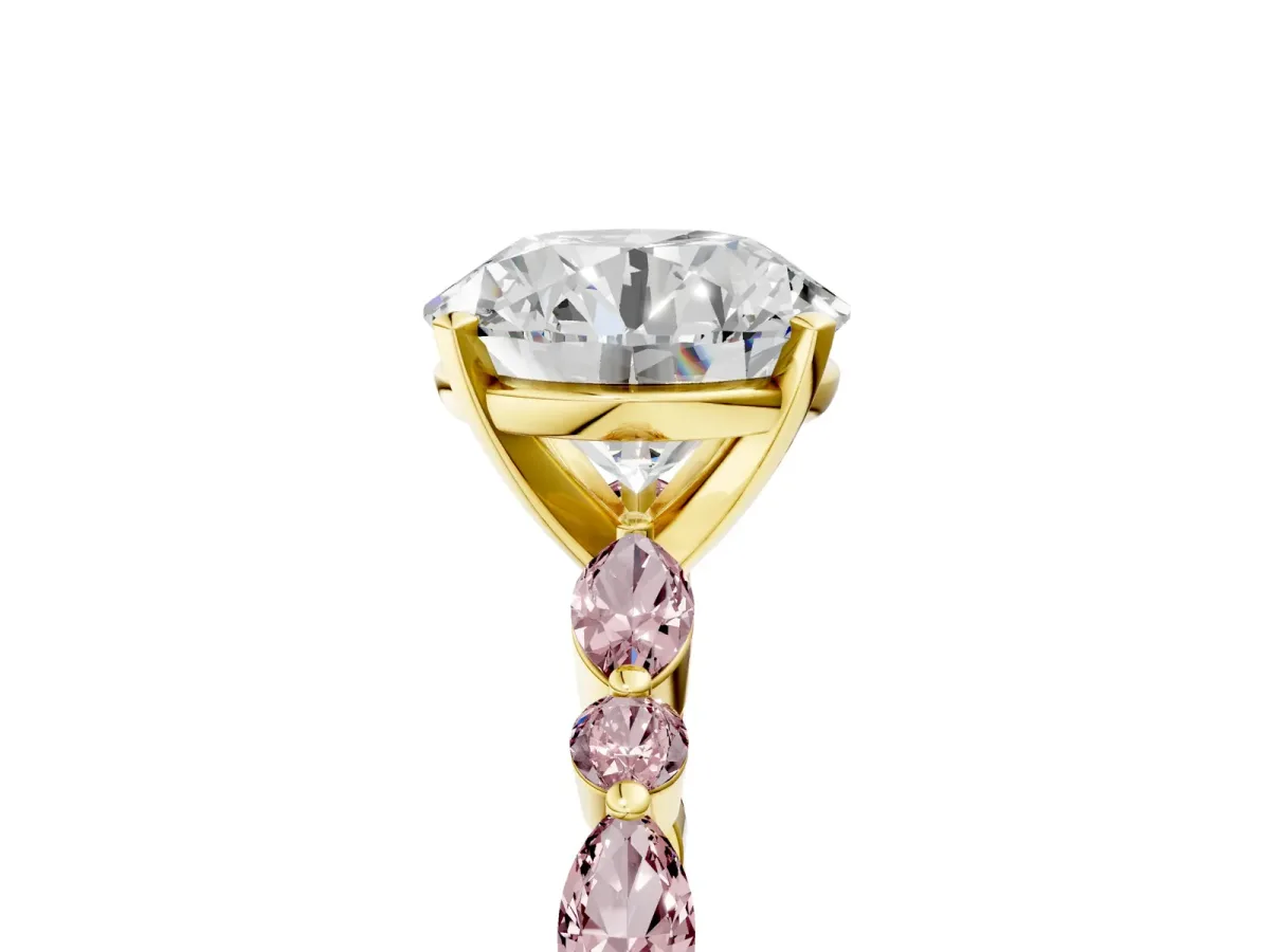 Round Cut Diamond Ring with Marquise and Round Morganite Side Stones and Four-Prong Setting Yellow gold