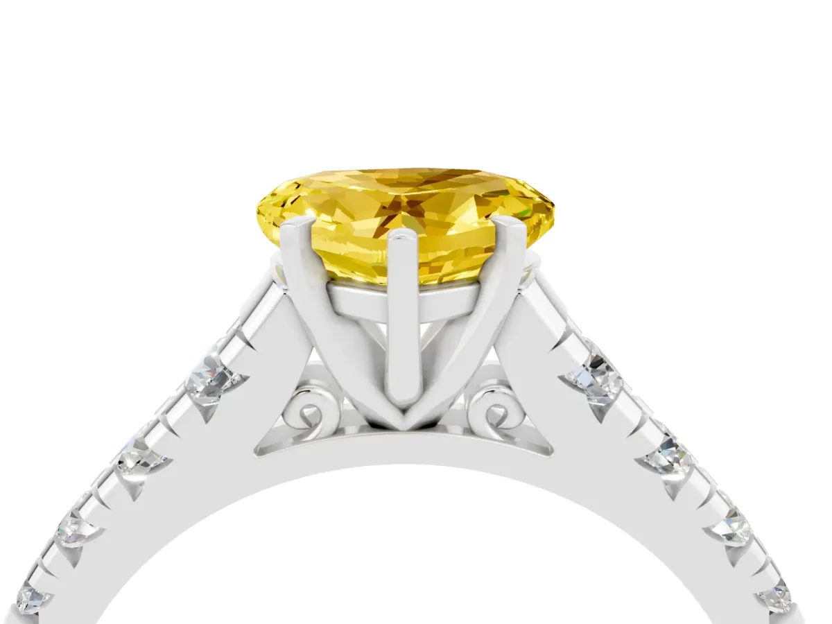 Heart Cut Yellow Sapphire Cathedral Solitaire Ring with Round Pavé Band White gold