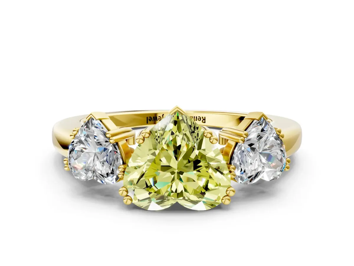 Fancy Yellow Three-Stone Heart Cut Cut Diamond Ring with Channel Set Band and Four-Prong Setting Yellow gold