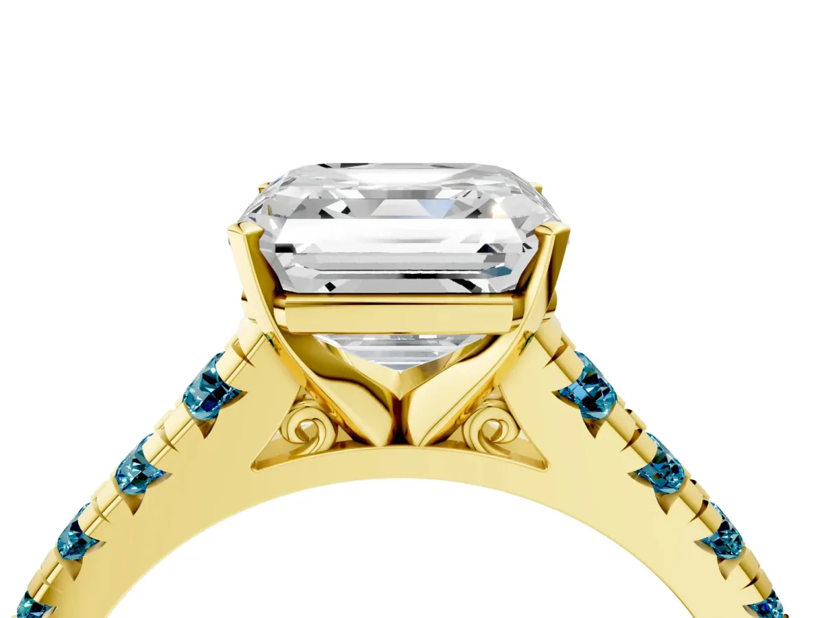 Asscher Cut Diamond Cathedral Solitaire Ring with Round Blue Topaz Pavé Band Yellow gold