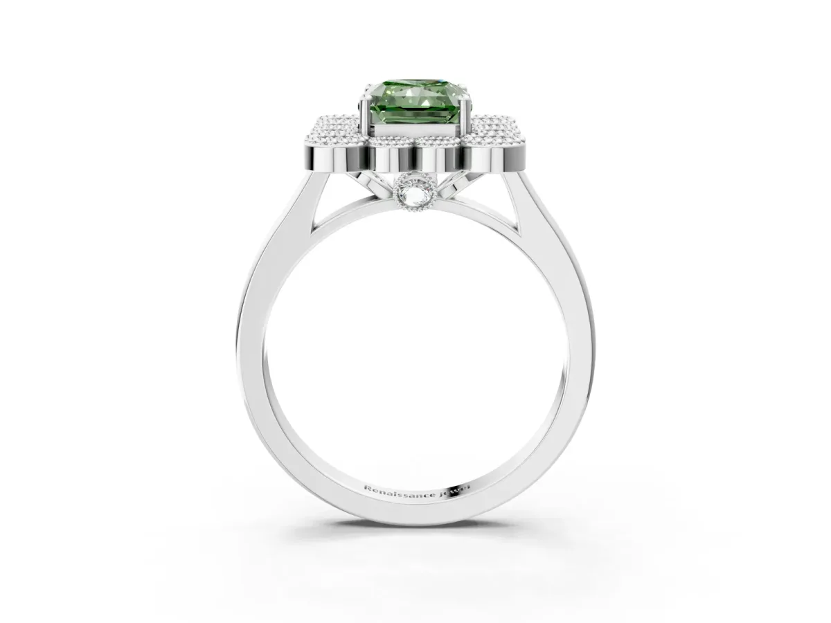 Fancy Green Radiant Cut Halo Diamond Cluster Engagement Ring with Milgrain Bezel Setting and Solitaire Band Platinum