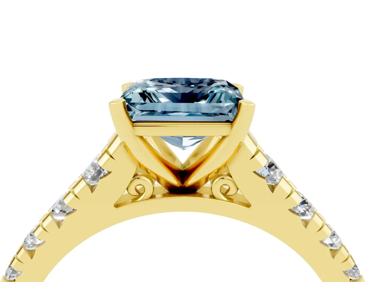 Princess Cut Aquamarine Cathedral Solitaire Ring with Round Pavé Band Yellow gold