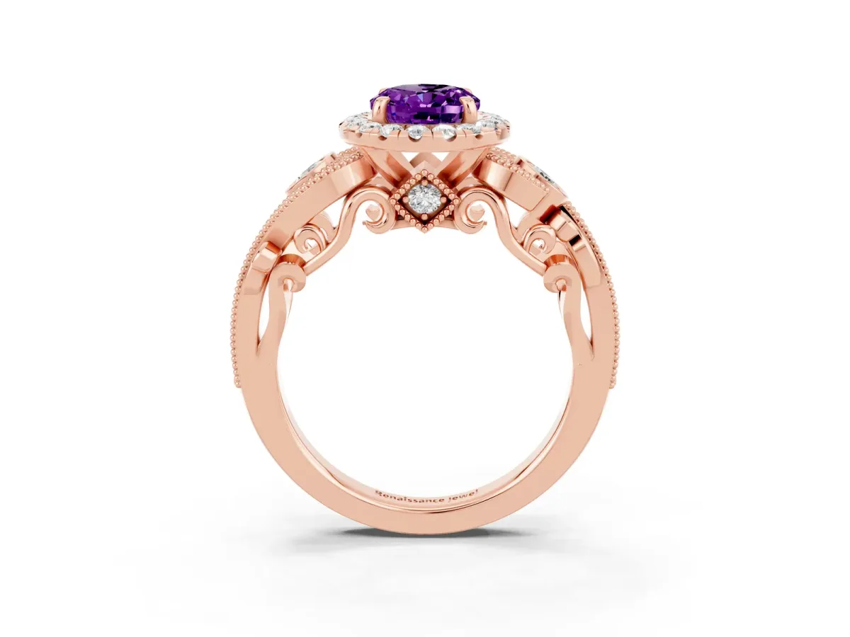 Oval Cut Amethyst Halo Ring with Milgrain Pavé Band and Four-Prong Setting Rose gold
