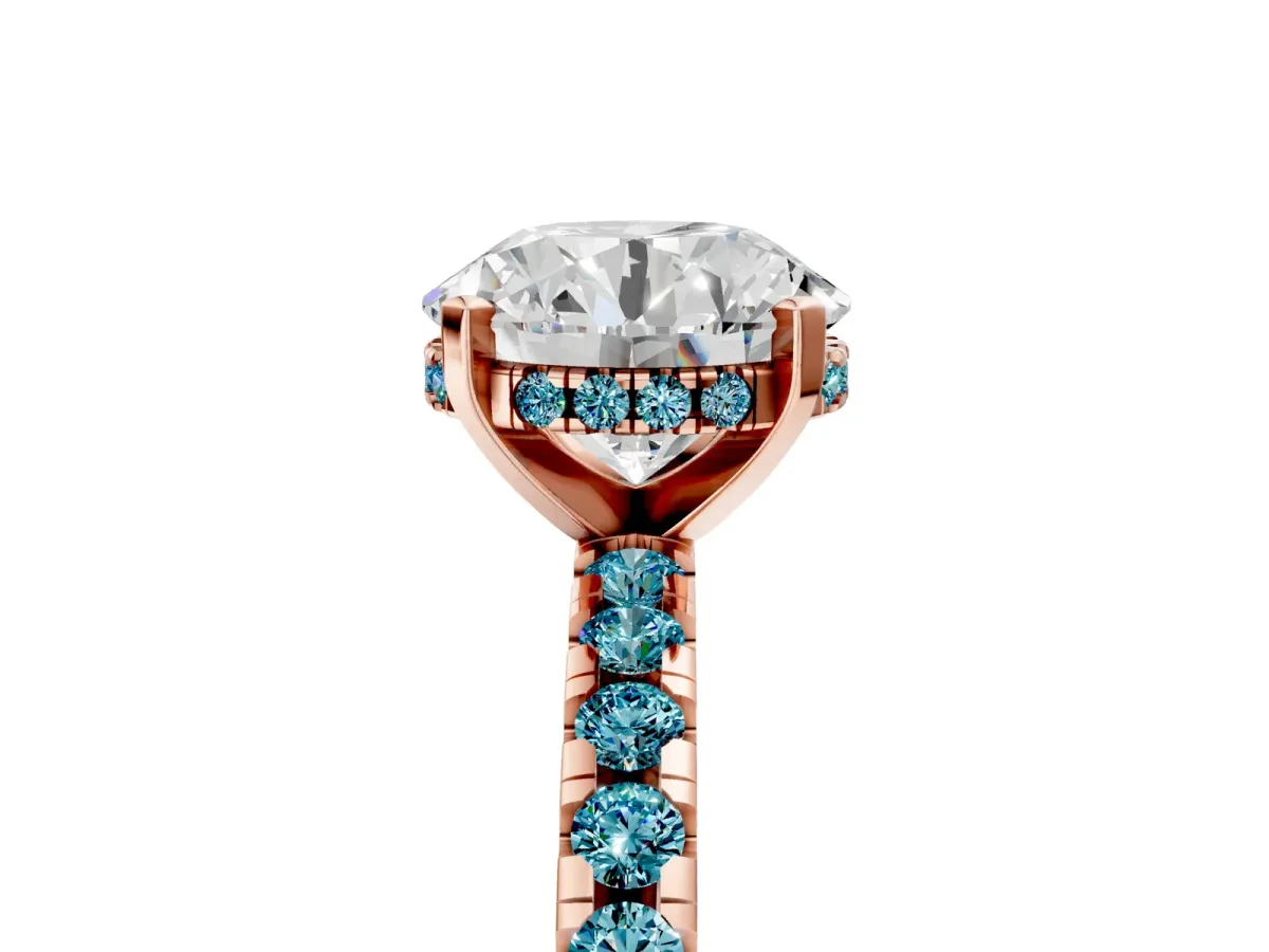 Round Cut Diamond Solitaire Ring with Round Blue Topaz Pavé Band and Four-Prong Setting Rose gold