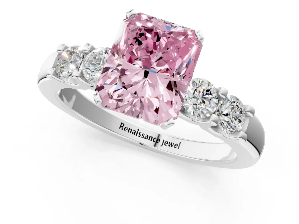 Fancy Pink Radiant Cut Brilliant Cut Diamond Five-Stone Prong Set Engagement Ring with Channel Band Platinum