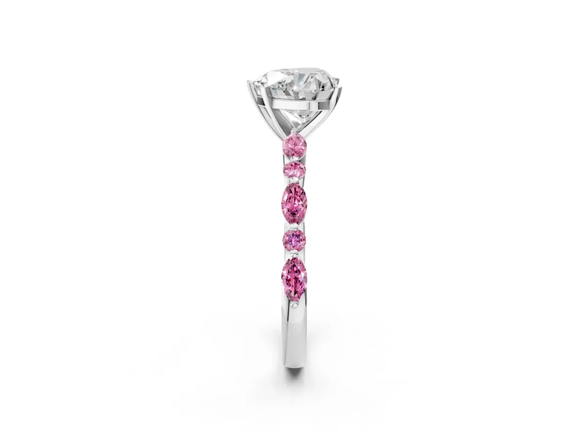 Heart Cut Diamond Ring with Marquise and Round Pink Sapphire Side Stones and Four-Prong Setting Platinum