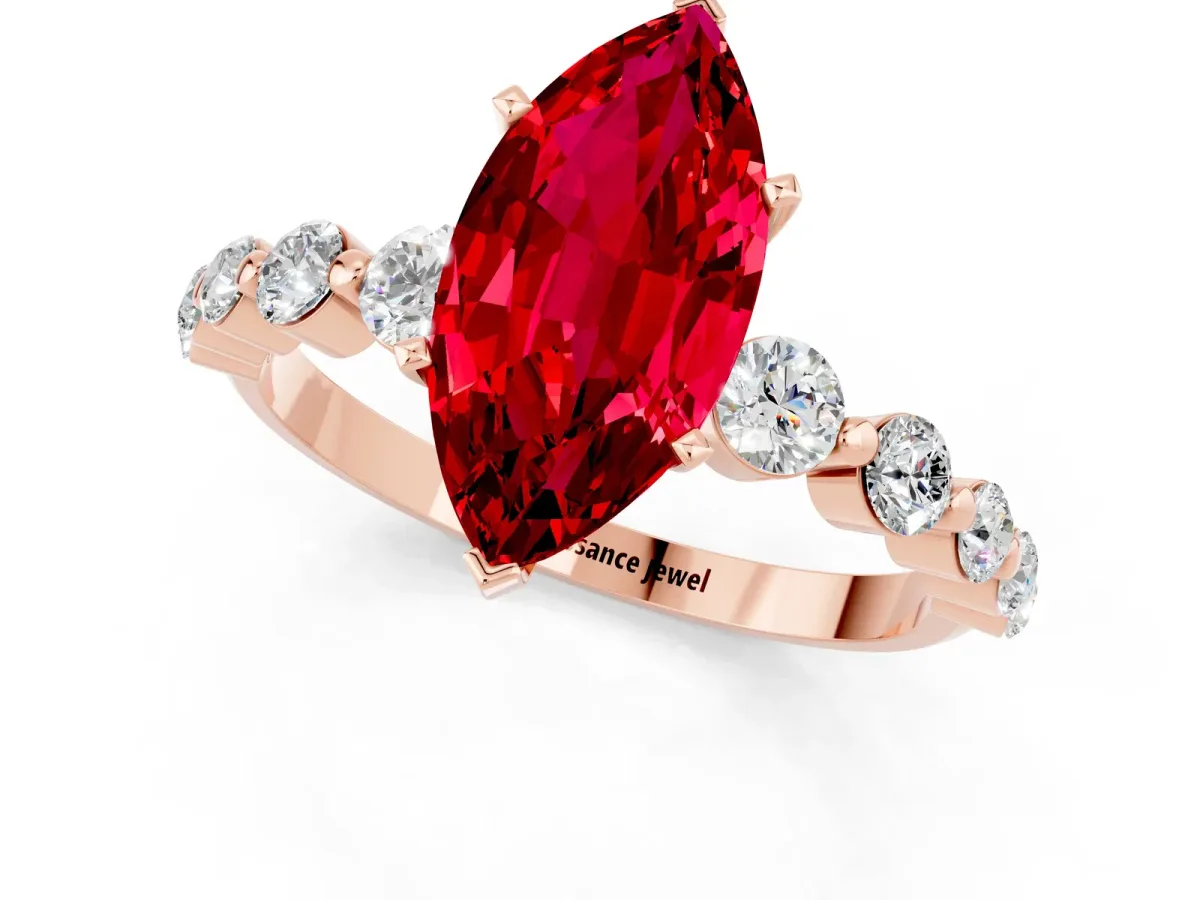 Marquise Cut Solitaire Ruby Ring with Pave Band and Four-Prong Setting Rose gold