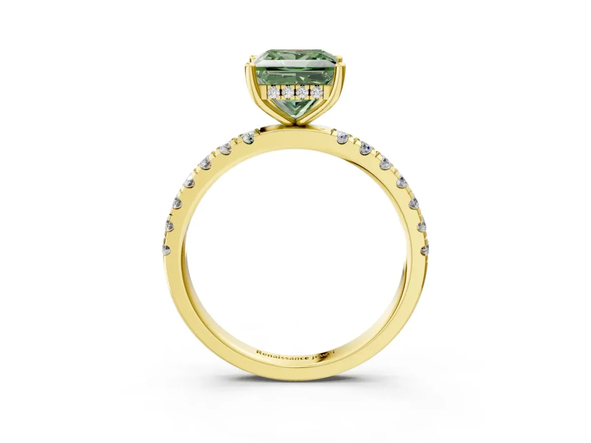 Fancy Green Princess Cut Diamond Pave Band Solitaire Ring with Round and Prong Setting Yellow gold