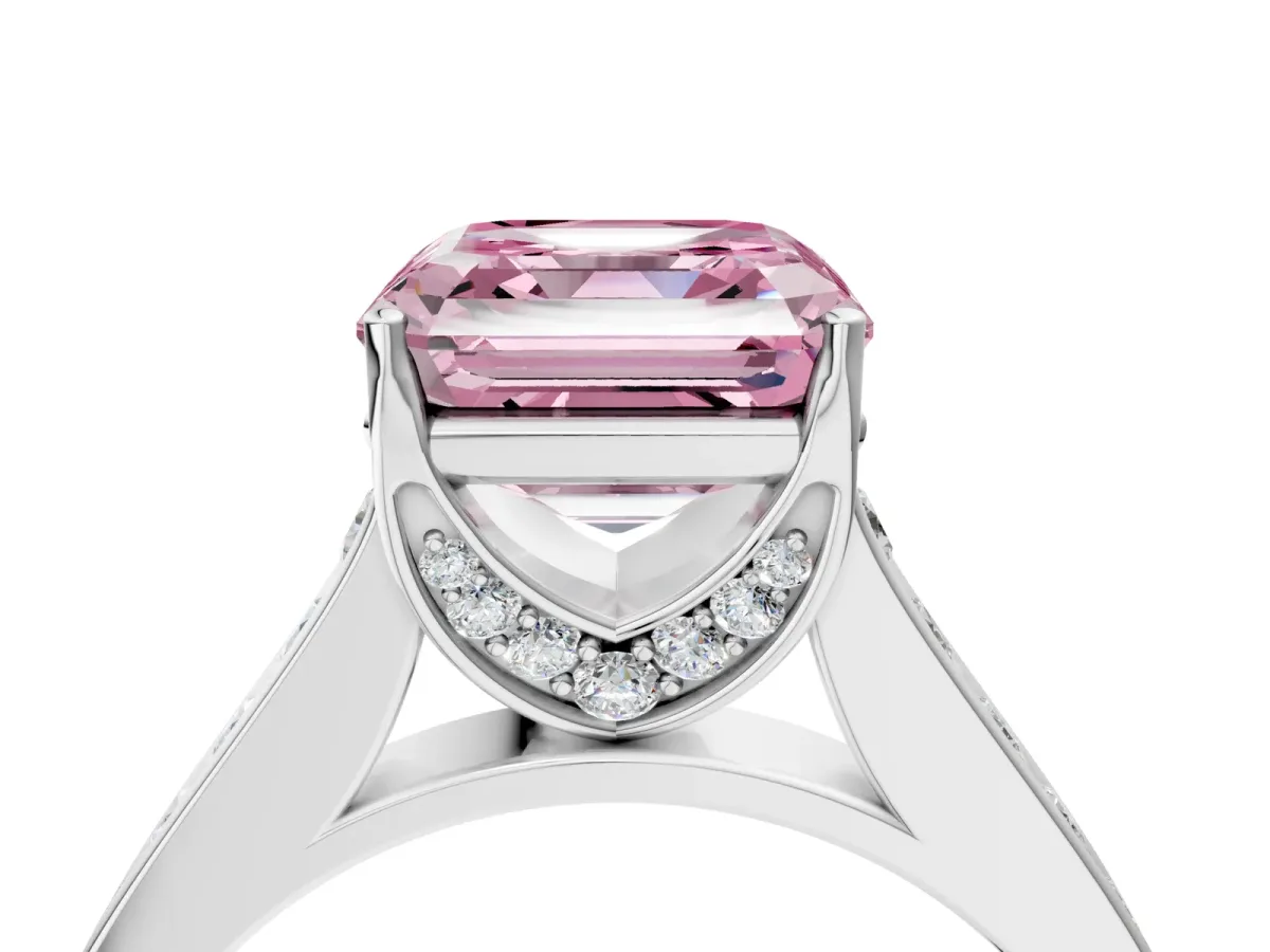 Fancy Pink Asscher Cut Brilliant Cut Diamond Engagement Ring with Pavé Band and Four-Prong Setting Platinum