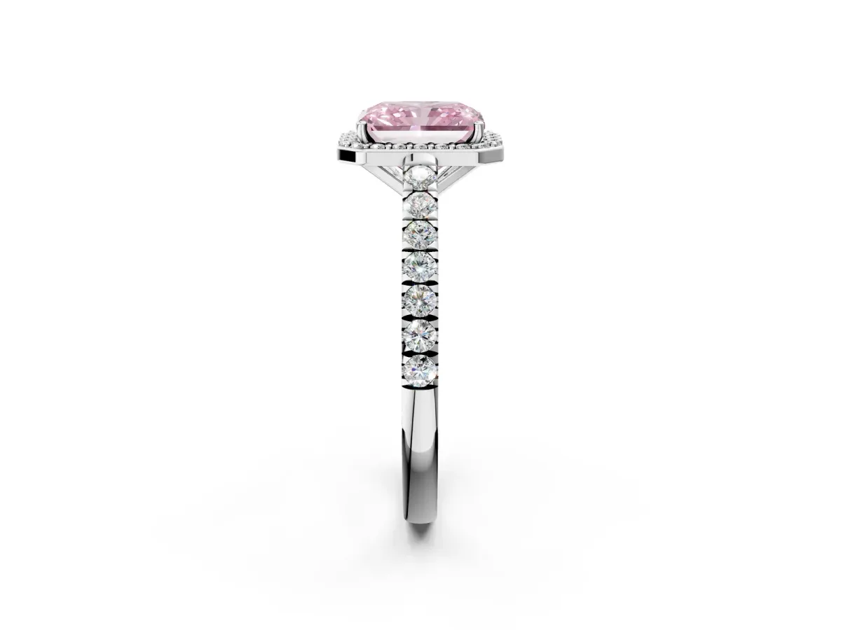 Fancy Pink Radiant Cut Cut Halo Diamond Engagement Ring with Pave Band and Four-Prong Setting Platinum
