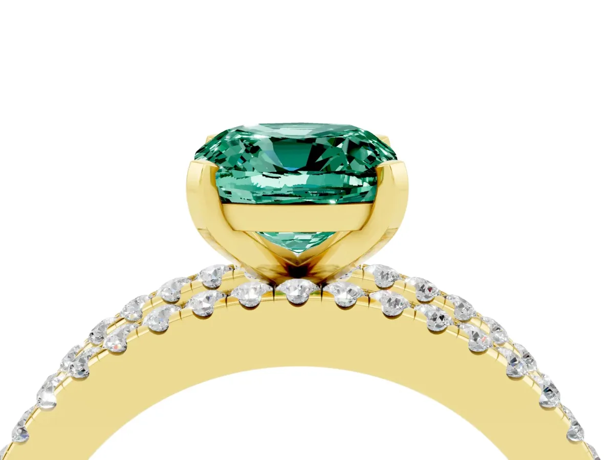 Cushion Cut Green Sapphire Solitaire Ring with Pavé and Channel Set Band Yellow gold