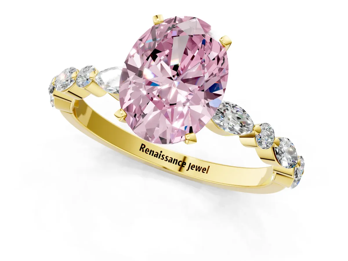 Fancy Pink Oval Cut Diamond Ring with Marquise and Round Side Stones and Four-Prong Setting Yellow gold