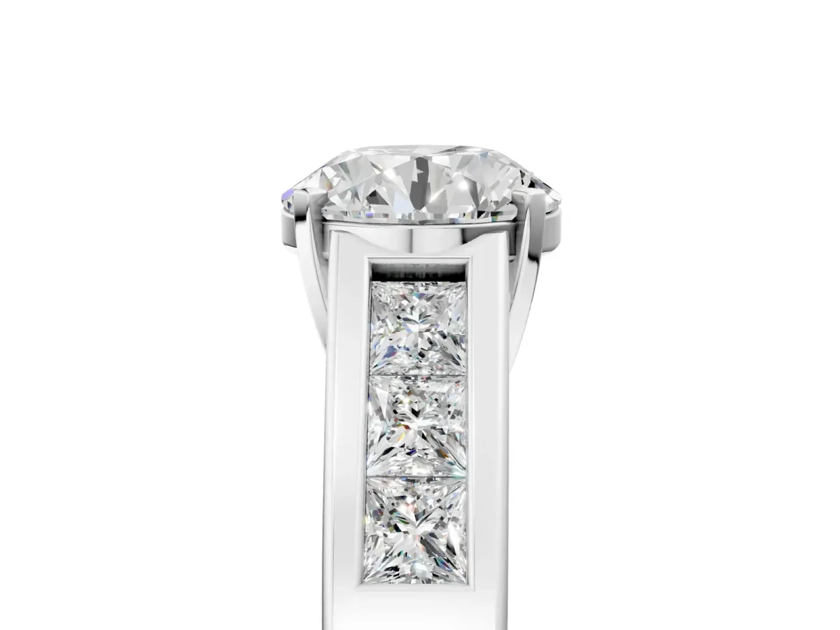 Round Cut Cut Channel Set Solitaire Ring with Four-Prong Setting White gold