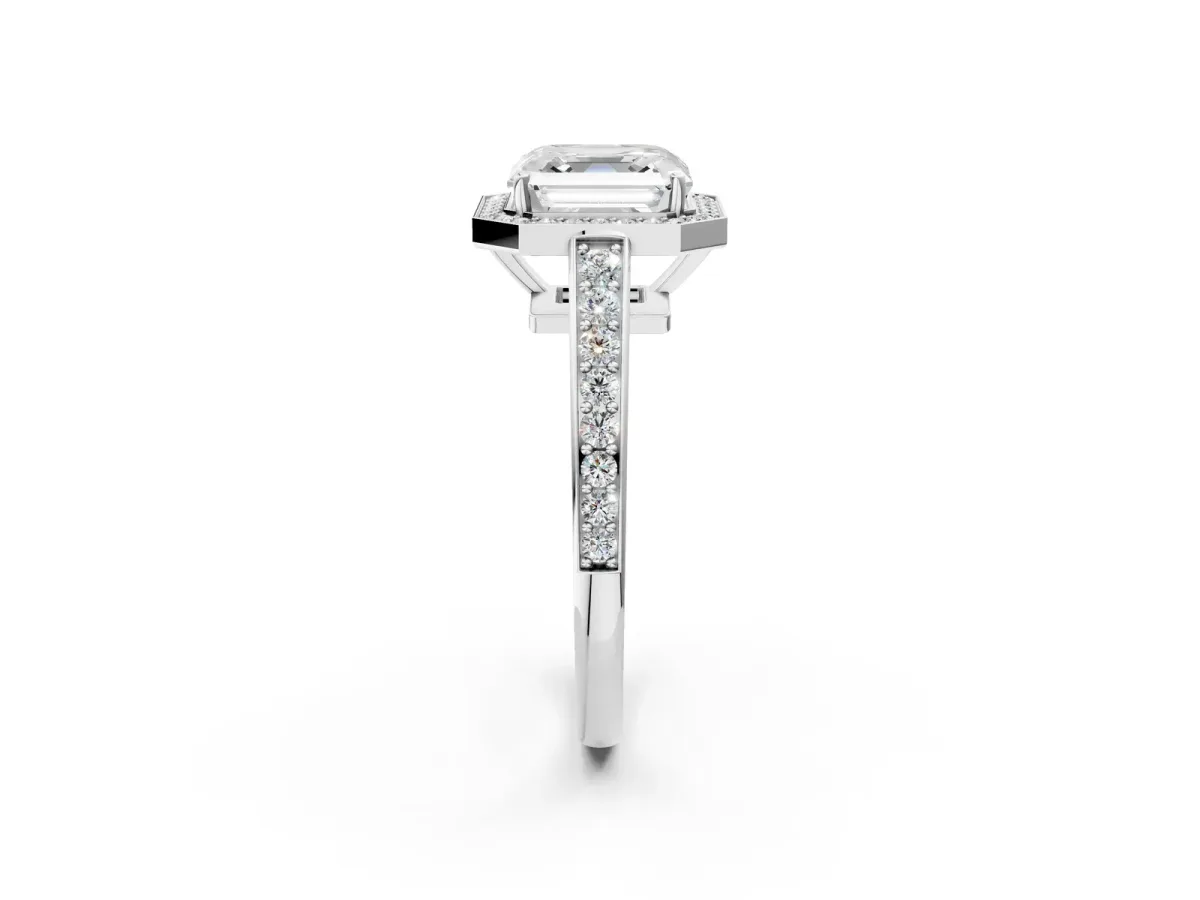 Asscher Cut Halo Pavé Diamond Engagement Ring with Bezel Setting Silver