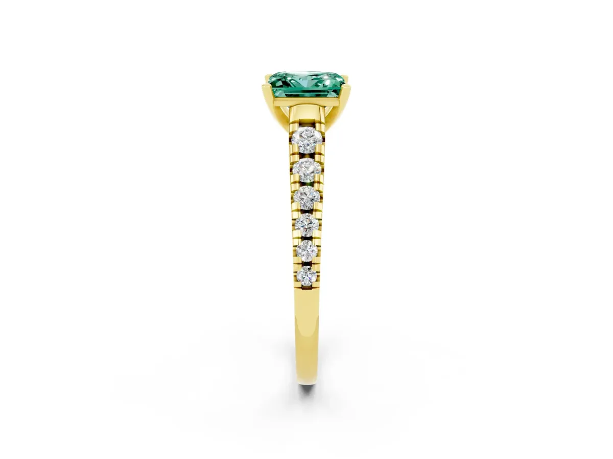 Princess Cut Green Sapphire Cathedral Solitaire Ring with Round Pavé Band Yellow gold