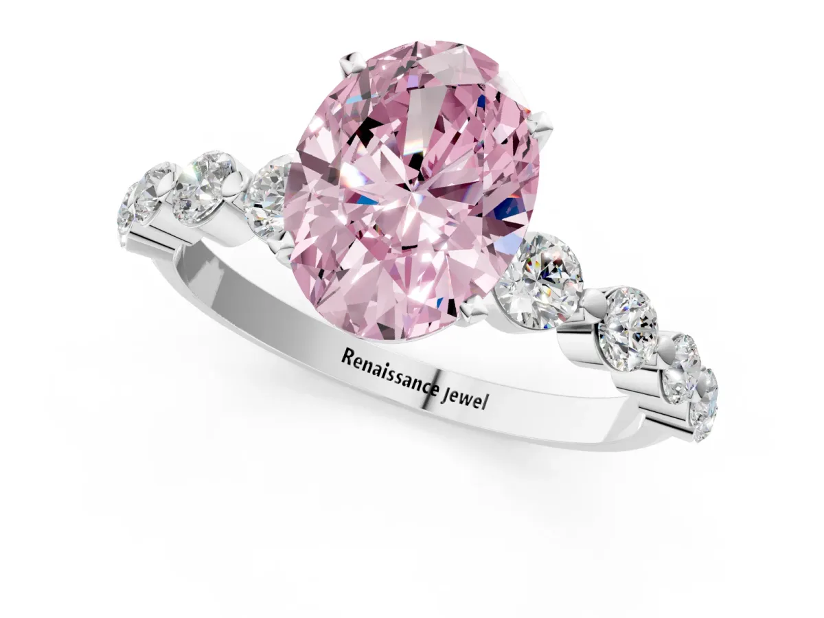 Fancy Pink Oval Cut Solitaire Diamond Ring with Pave Band and Four-Prong Setting Silver