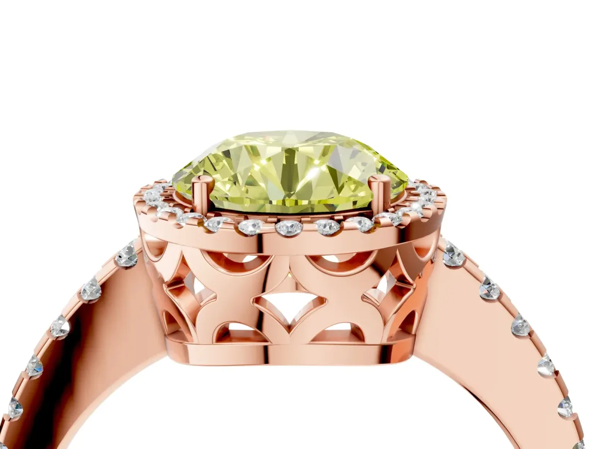 Fancy Yellow Round Cut Diamond Halo Engagement Ring with Pavé Band and Prong Setting Rose gold