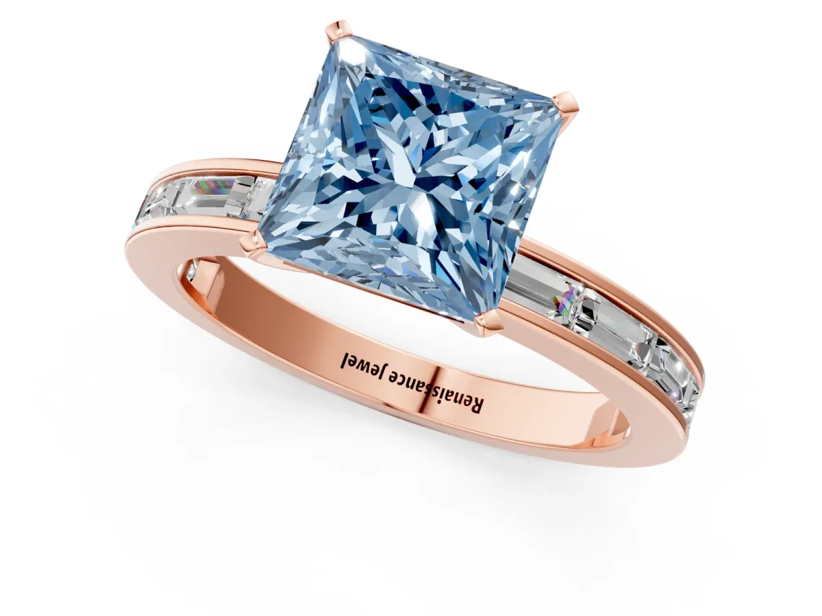 Fancy Blue Princess Cut Solitaire Diamond Ring with Channel-Set Baguette Band and Four-Prong Setting Rose gold