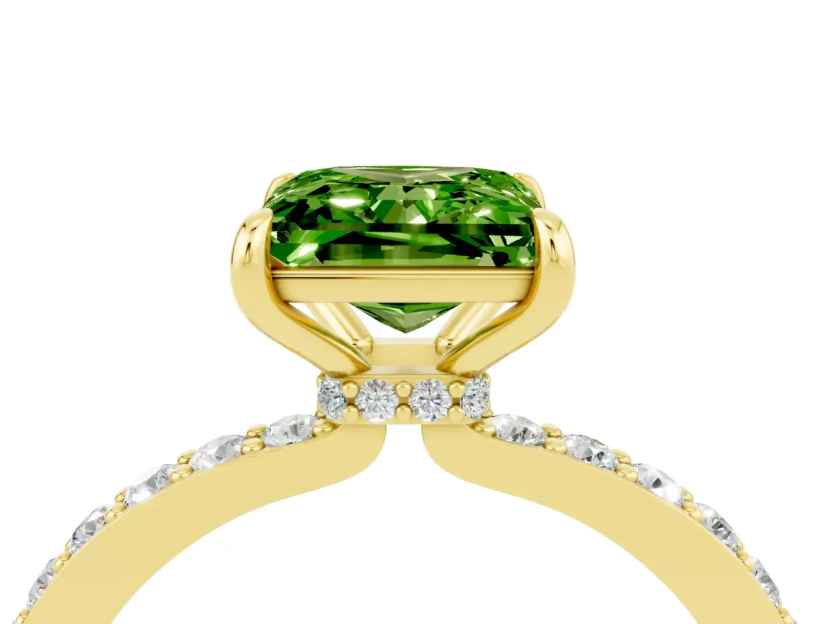 Princess Cut Peridot Solitaire Engagement Ring with Pavé Band and Four-Prong Setting Yellow gold