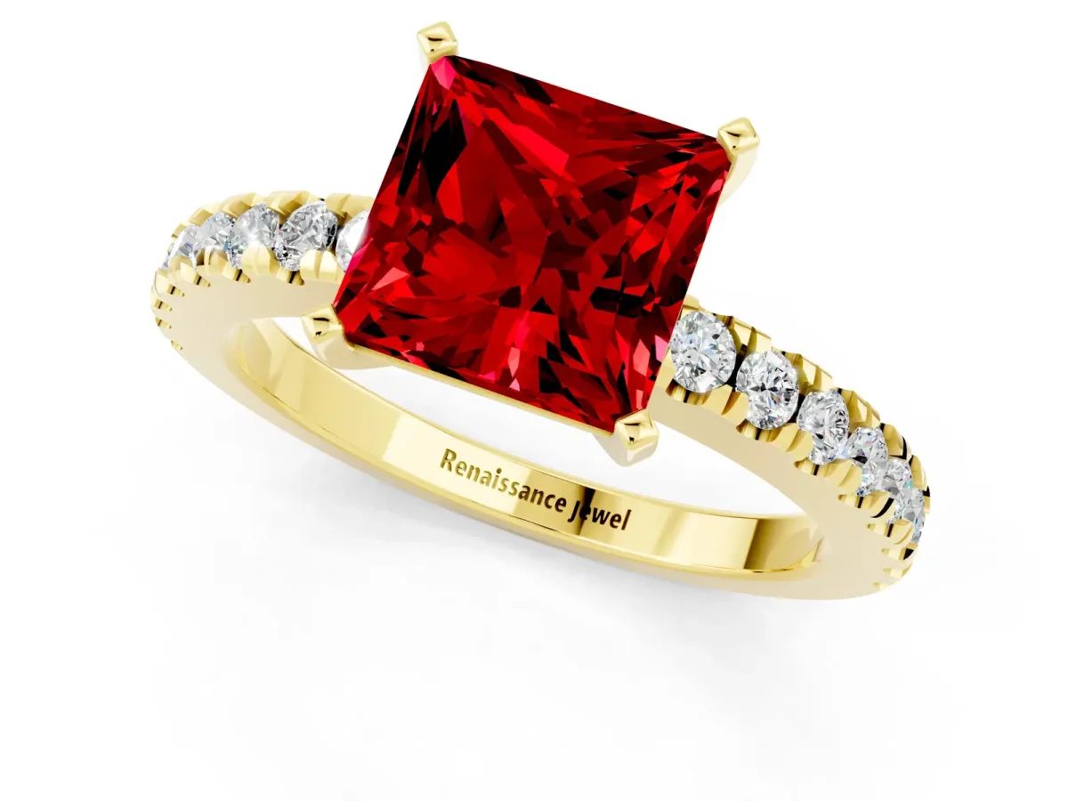 Princess Cut Solitaire Ruby with Pavé Band and Four-Prong Setting Yellow gold