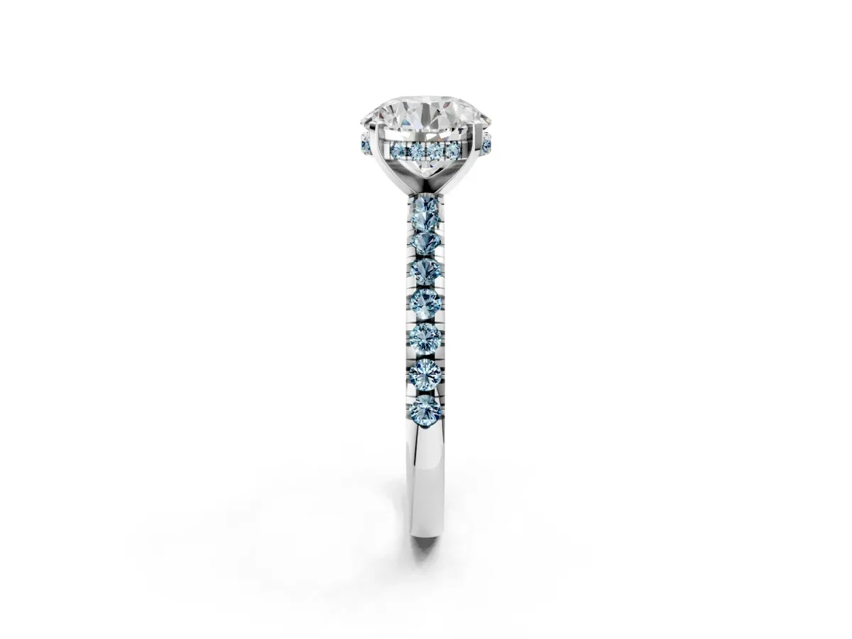 Round Cut Diamond Solitaire Ring with Round Aquamarine Pavé Band and Four-Prong Setting White gold