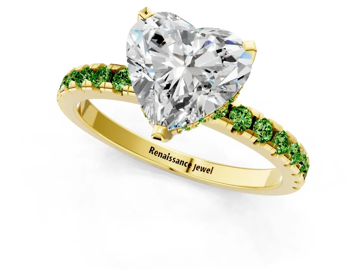 Heart Cut Diamond Solitaire Ring with Round Peridot Pavé Band and Four-Prong Setting Yellow gold
