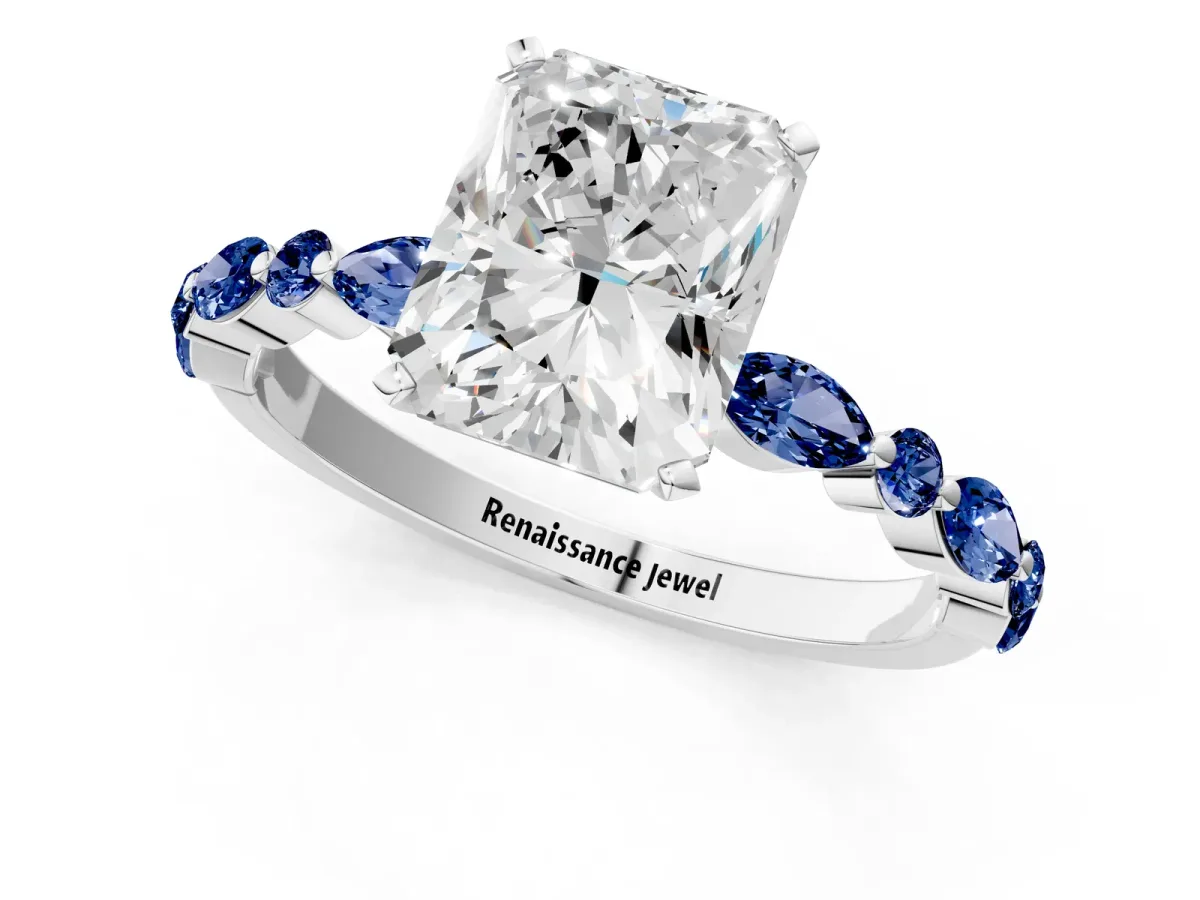 Radiant Cut Diamond Ring with Marquise and Round Blue Sapphire Side Stones and Four-Prong Setting Platinum