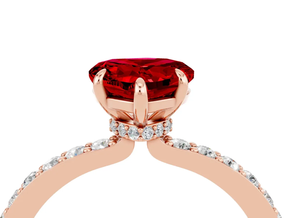 Heart Cut Ruby Solitaire Engagement Ring with Pavé Band and Four-Prong Setting Rose gold