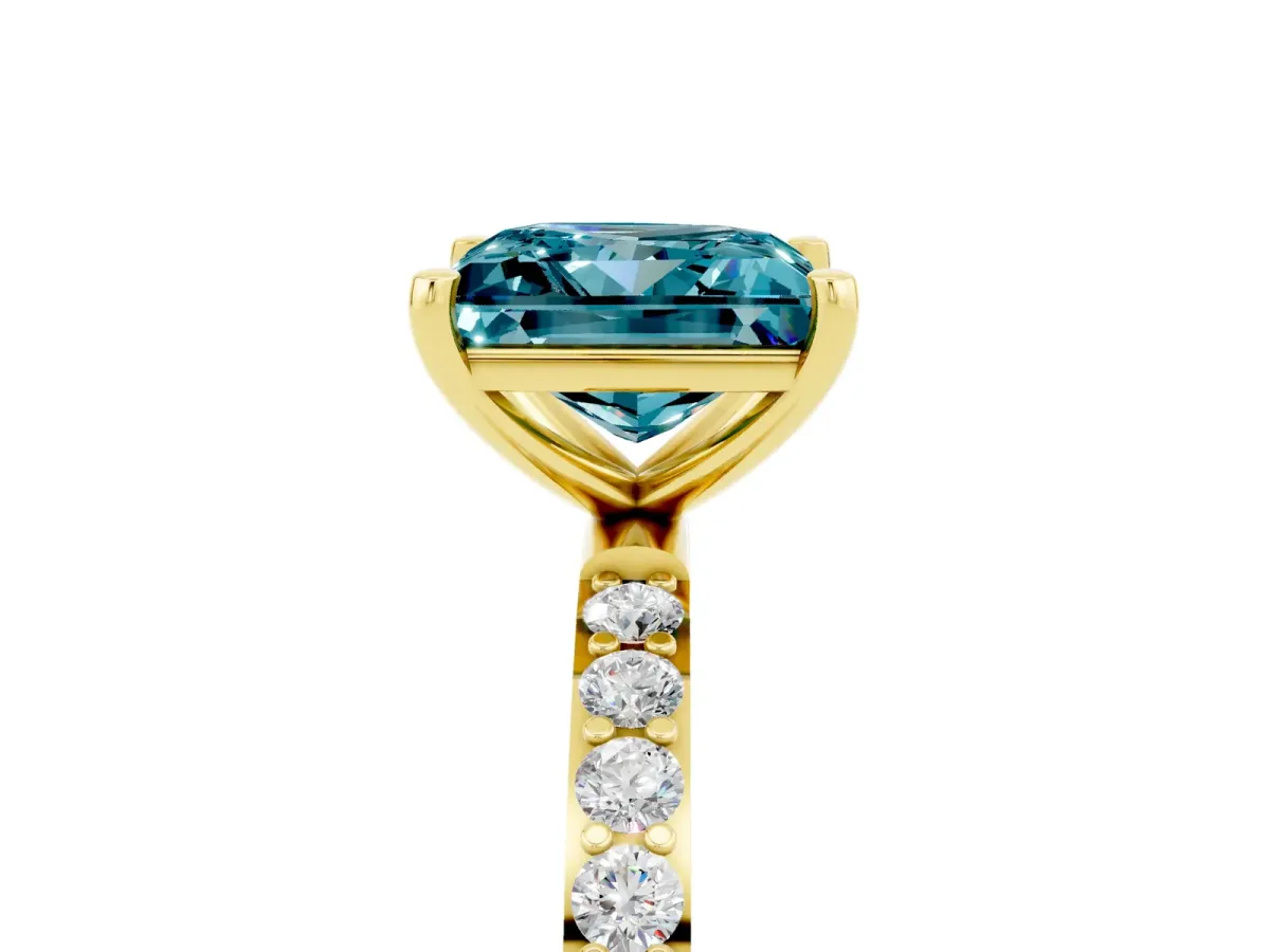 Princess Cut Blue Topaz Solitaire Ring with Round Pavé Band and Prong Setting Yellow gold