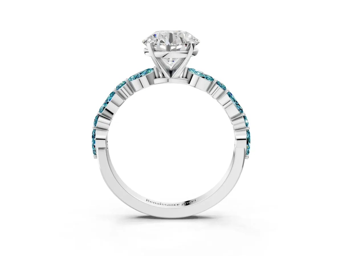Round Cut Diamond Ring with Marquise and Round Blue Topaz Side Stones and Four-Prong Setting White gold