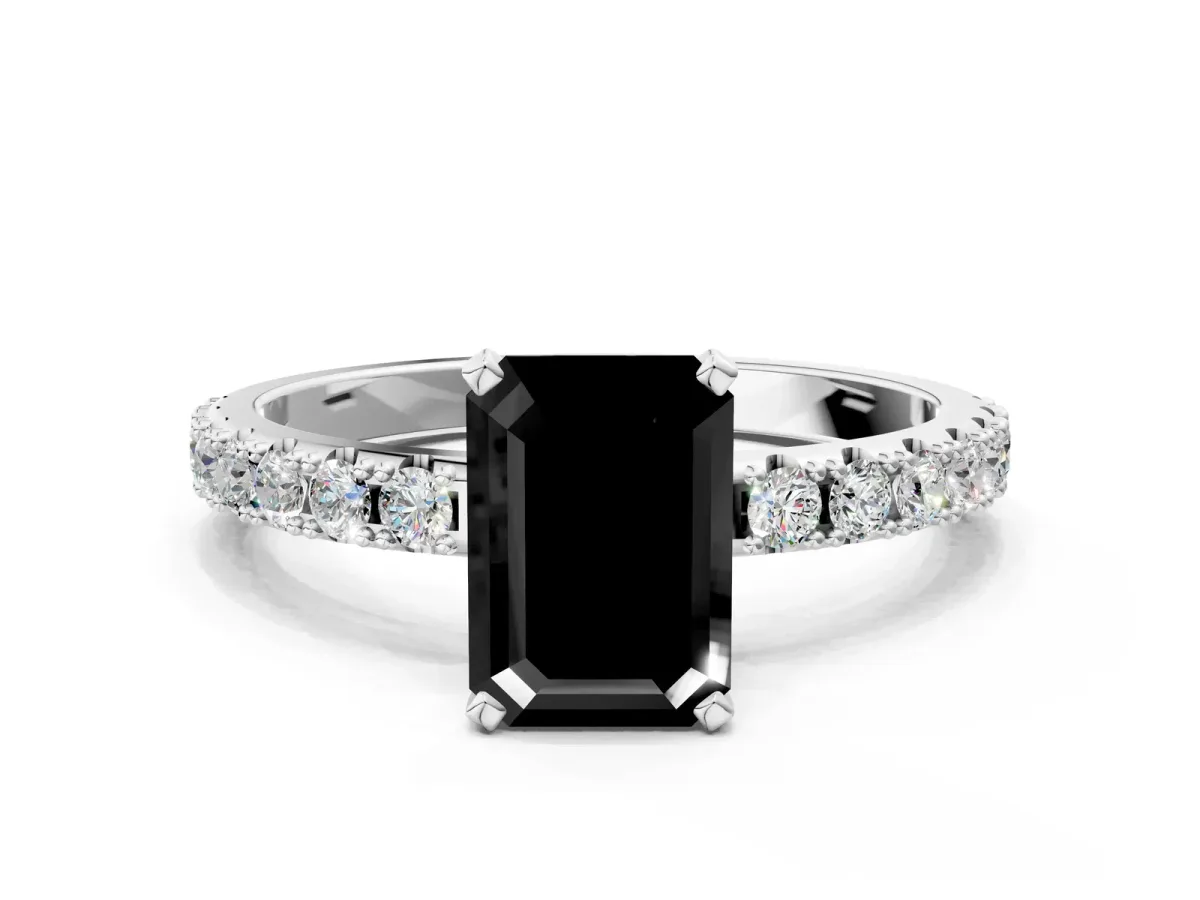 Fancy Black Emerald Cut Diamond Solitaire Pavé Band with Four-Prong Setting Silver