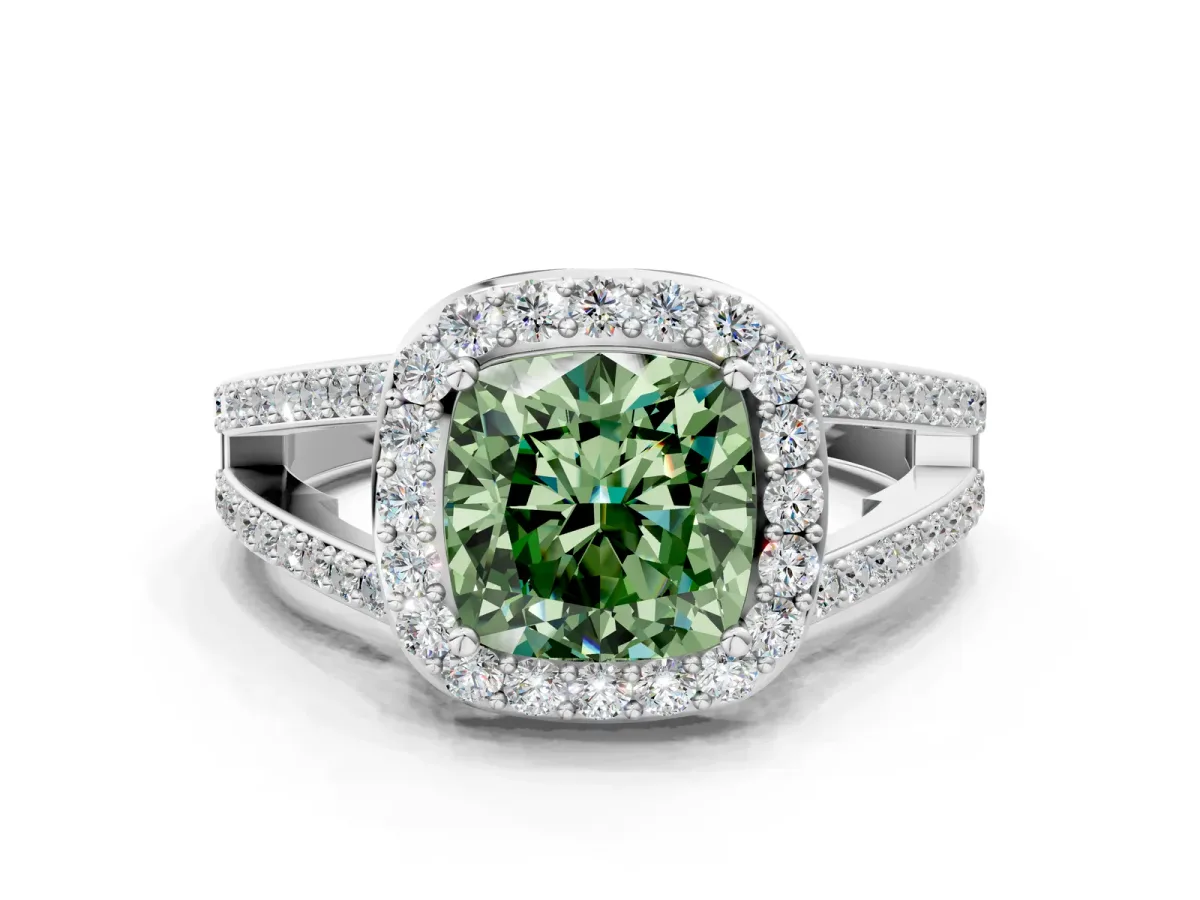 Fancy Green Cushion Cut Diamond Halo Ring with Split Shank U-Prong Band and Four-Prong Setting White gold