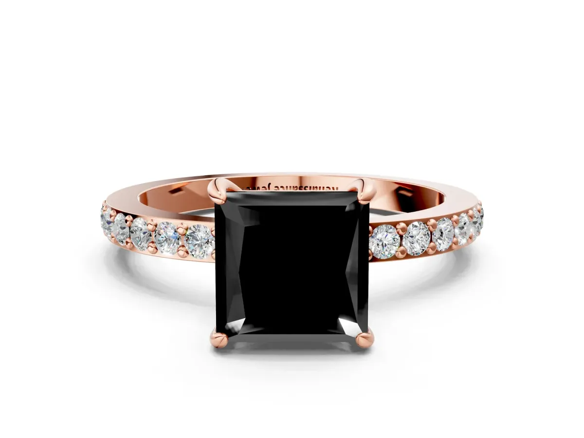 Fancy Black Princess Cut Diamond Solitaire Engagement Ring with Pavé Band and Four-Prong Setting Rose gold