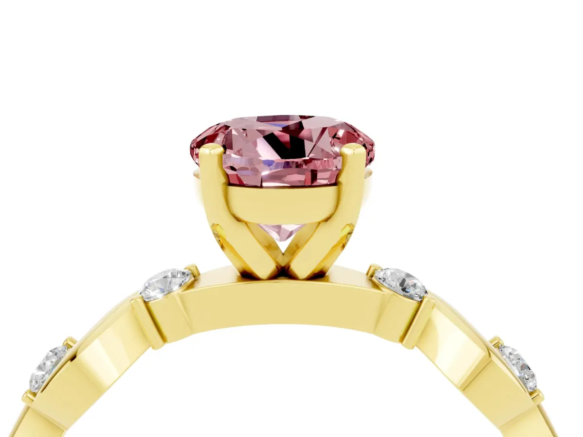 Round Cut Morganite Solitaire Twisted Band with Round Accents and Prong Setting Yellow gold