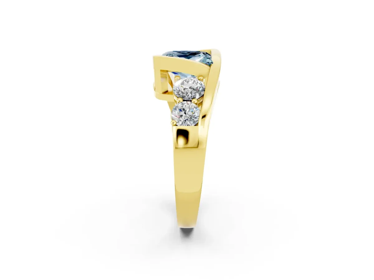 Bezel Set Princess Cut Aquamarine Bypass Ring with Round Accents Yellow gold