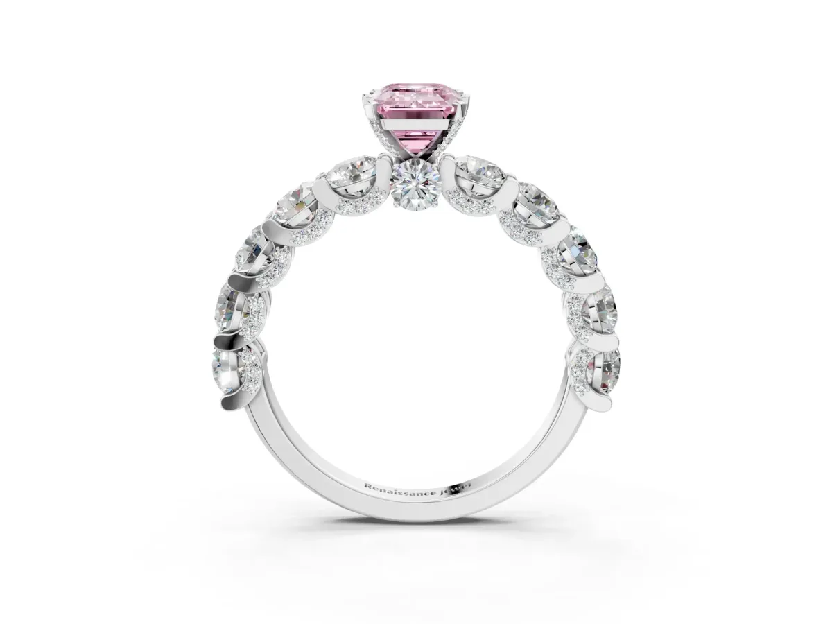 Fancy Pink Emerald Cut Diamond Side Stone Engagement Ring with Four-Prong Setting Platinum