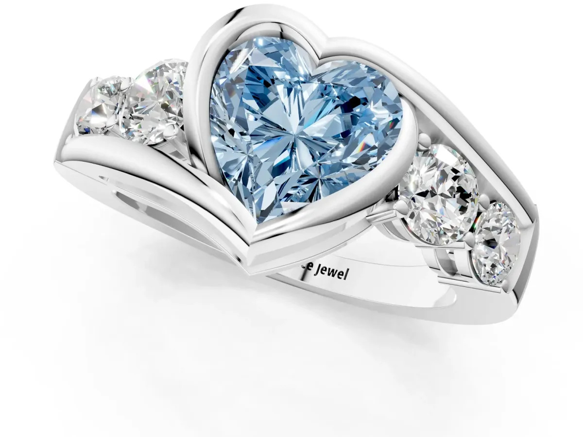 Fancy Blue Bezel Set Heart Cut Diamond Bypass Ring with Round Accents Silver
