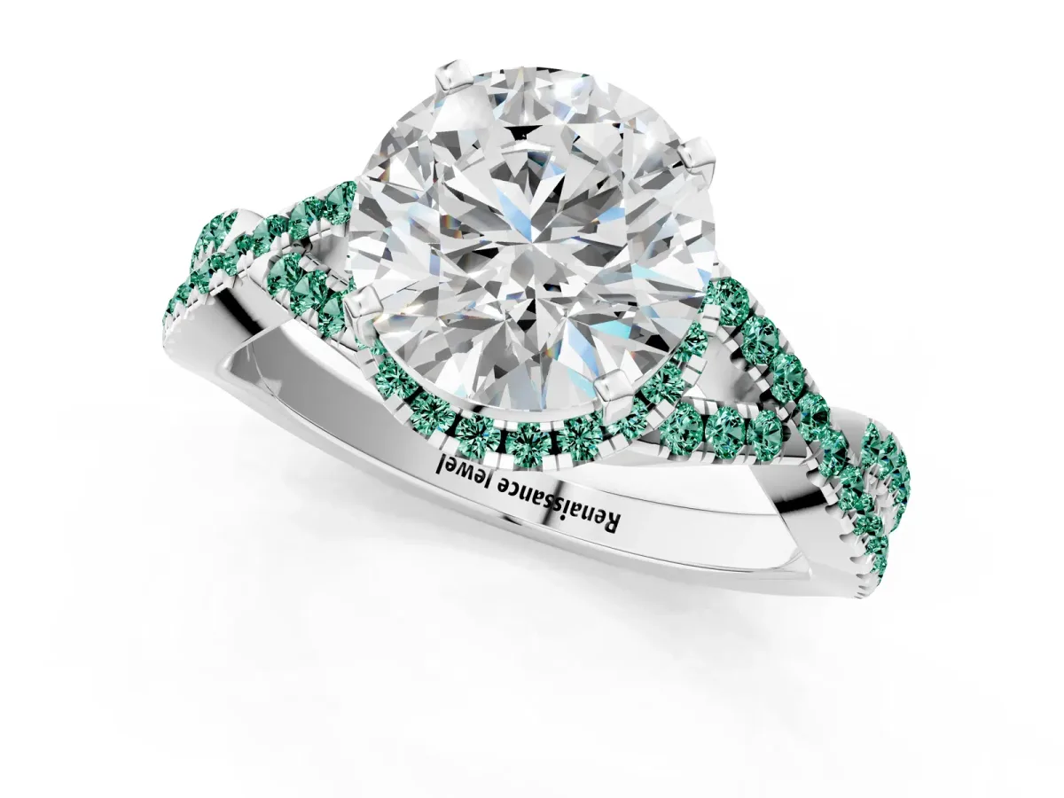 Round Cut Diamond Green Sapphire Halo Twist Band Solitaire Prong Setting Ring White gold