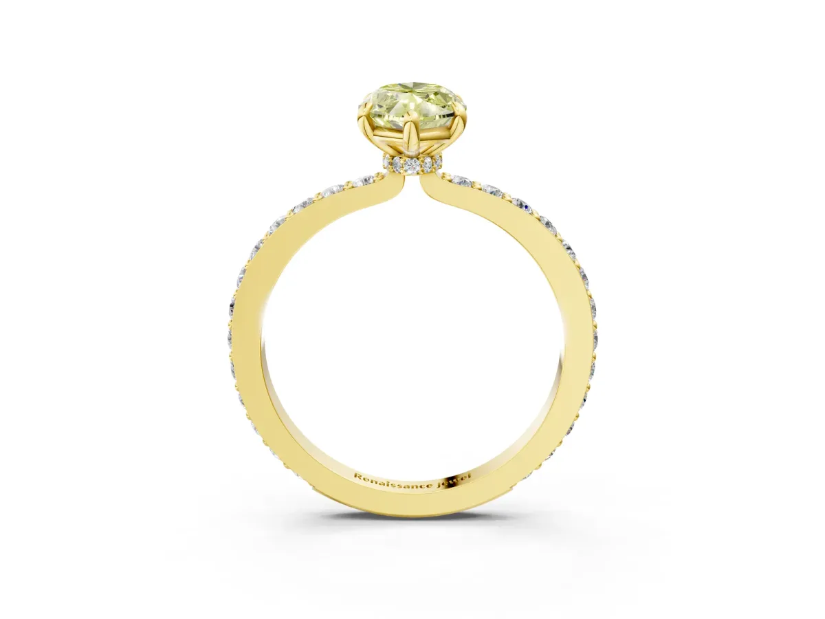 Fancy Yellow Marquise Cut Diamond Solitaire Engagement Ring with Pavé Band and Four-Prong Setting Yellow gold