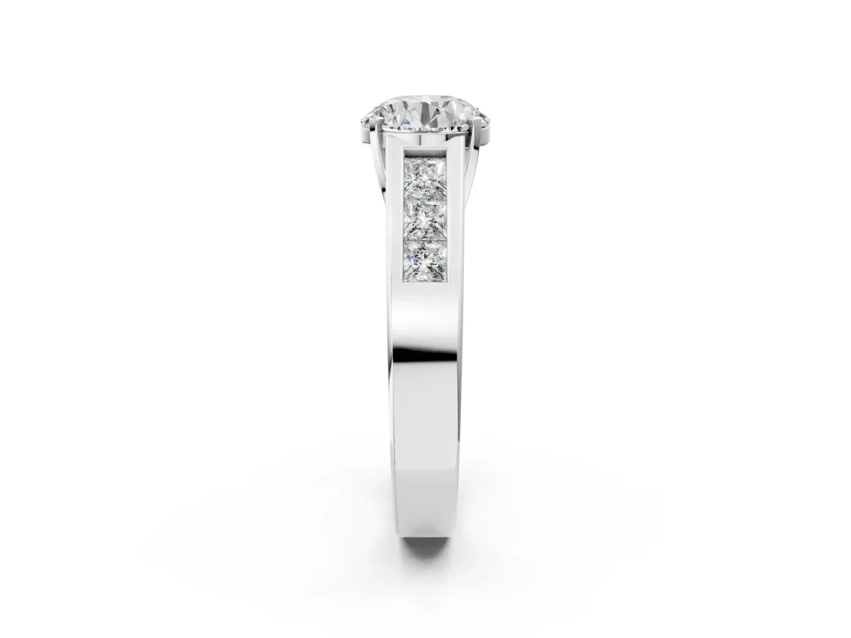 Round Cut Cut Channel Set Solitaire Ring with Four-Prong Setting White gold