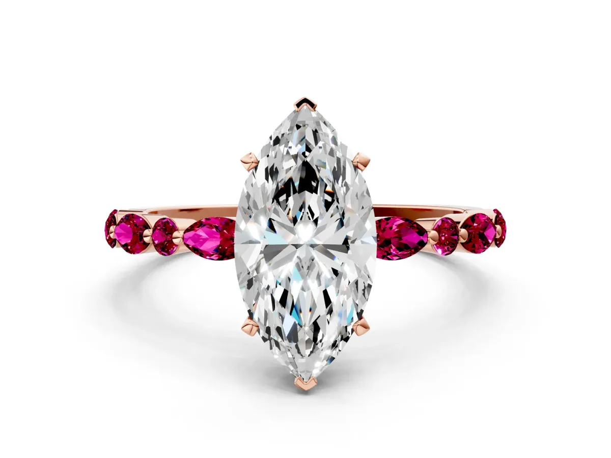 Marquise Cut Diamond Ring with Marquise and Round Garnet Side Stones and Four-Prong Setting Rose gold