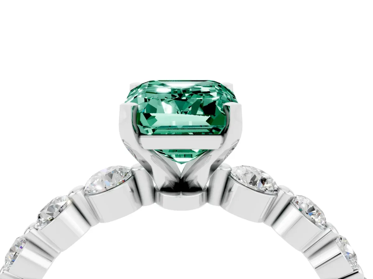 Emerald Cut Solitaire Green Sapphire Ring with Pave Band and Four-Prong Setting Silver