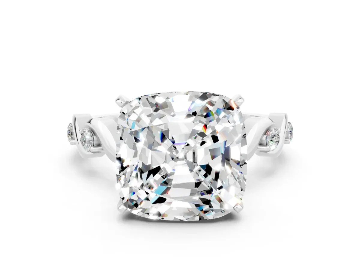 Cushion Cut Moissanite Solitaire Twisted Band with Round Accents and Prong Setting White gold