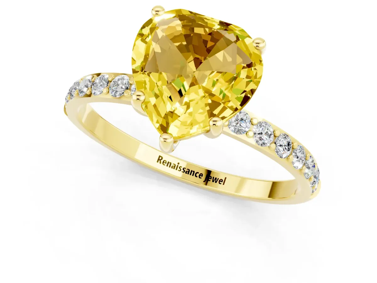 Heart Cut Yellow Sapphire Solitaire Ring with Round Pavé Band and Prong Setting Yellow gold