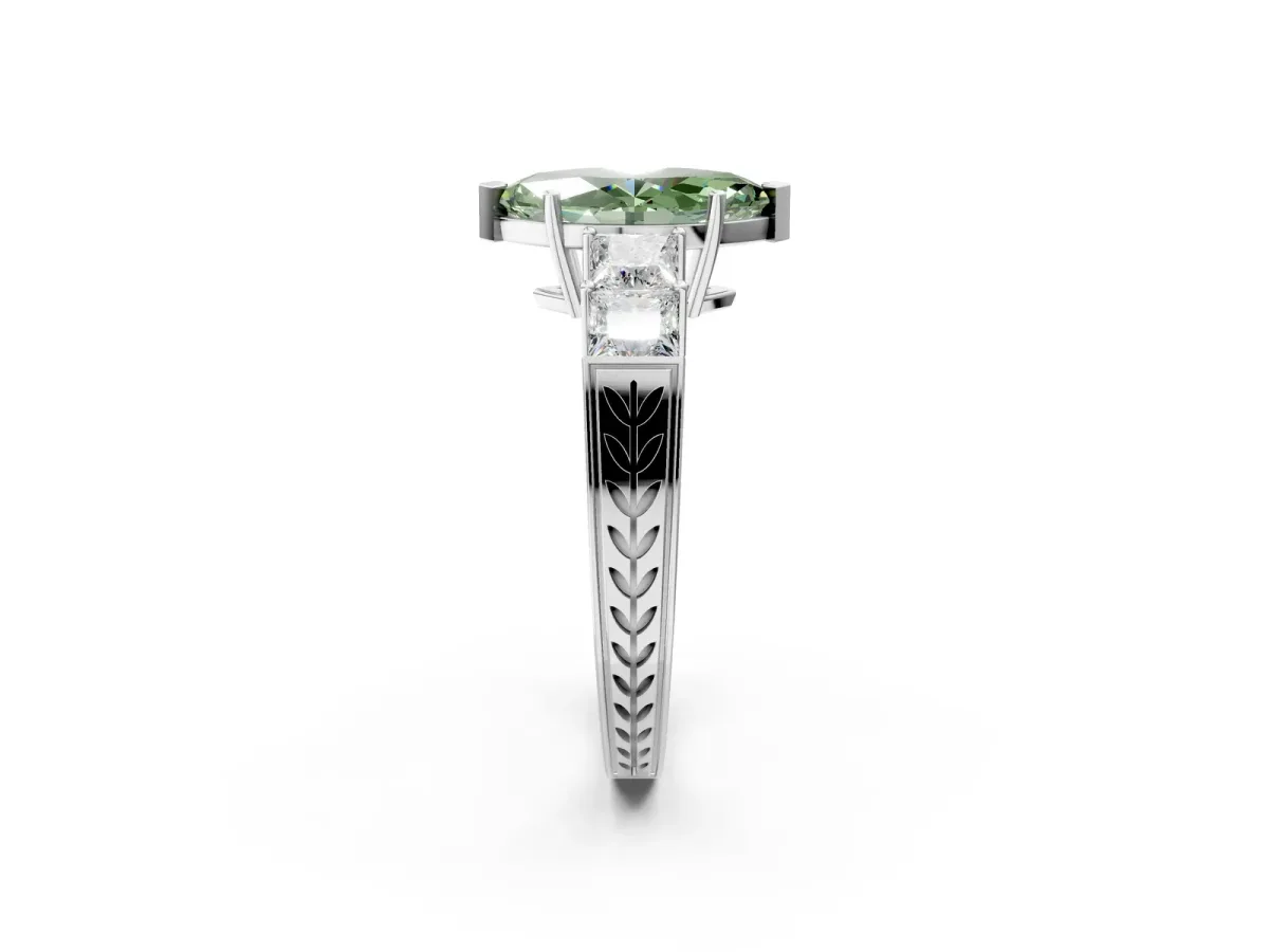 Fancy Green Marquise Cut Solitaire Princess Side Stone Engraved Band Prong Setting Ring Platinum