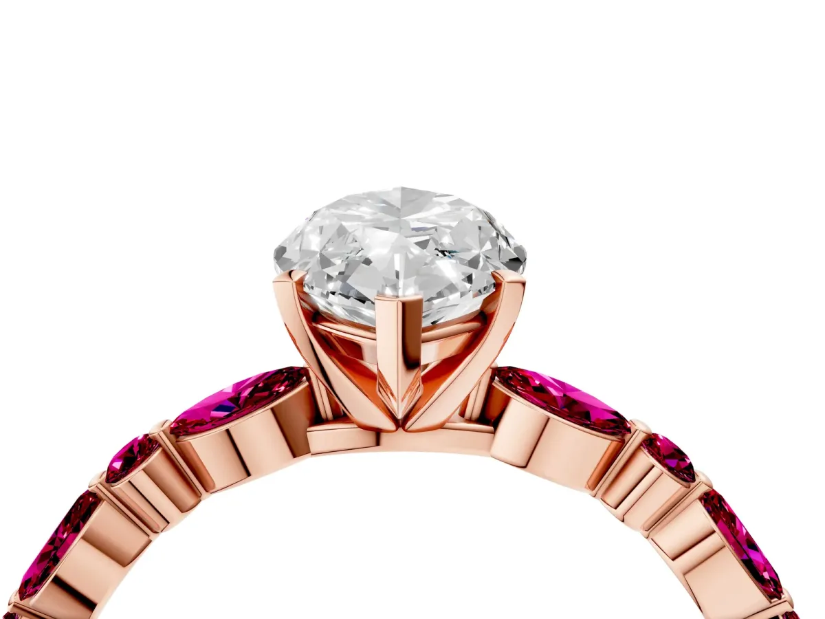 Marquise Cut Diamond Ring with Marquise and Round Garnet Side Stones and Four-Prong Setting Rose gold