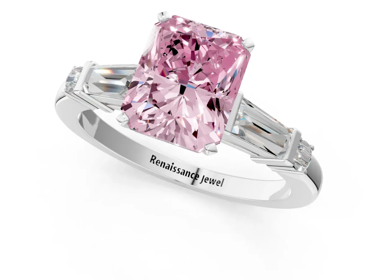 Fancy Pink Radiant Cut Cut Diamond Ring with Baguette Side Stones, Channel Set Band, and Four-Prong Setting Platinum