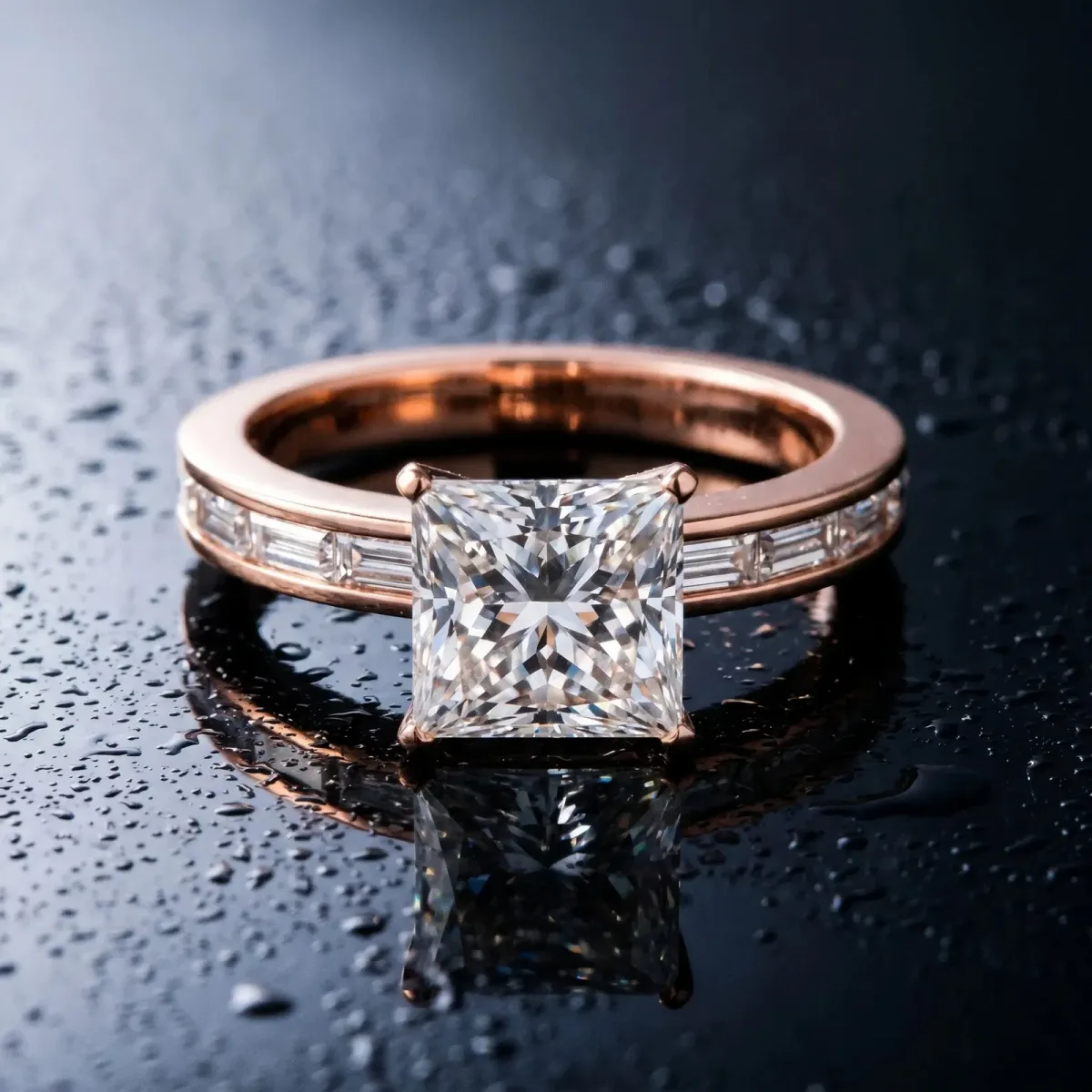 Princess Cut Solitaire Diamond Ring with Channel-Set Baguette Band and Four-Prong Setting Rose gold