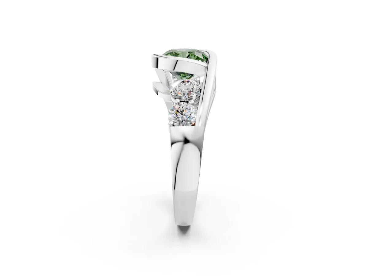 Fancy Green Bezel Set Cushion Cut Diamond Bypass Ring with Round Accents Silver